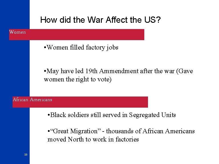 How did the War Affect the US? Women • Women filled factory jobs •