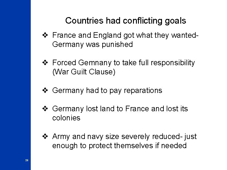 Countries had conflicting goals v France and England got what they wanted. Germany was