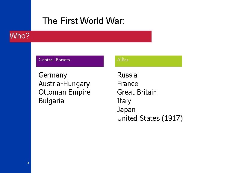 The First World War: Who? 4 Central Powers: Allies: Germany Austria-Hungary Ottoman Empire Bulgaria