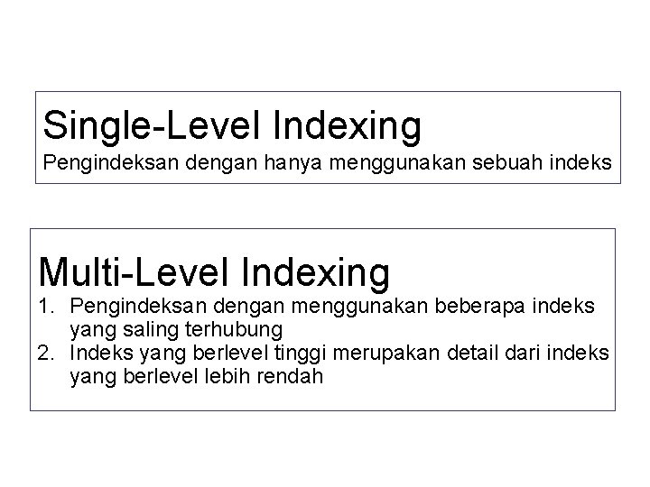 Single-Level Indexing Pengindeksan dengan hanya menggunakan sebuah indeks Multi-Level Indexing 1. Pengindeksan dengan menggunakan