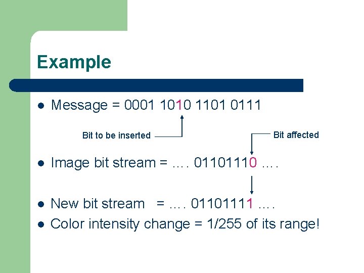 Example l Message = 0001 1010 1101 0111 Bit to be inserted Bit affected