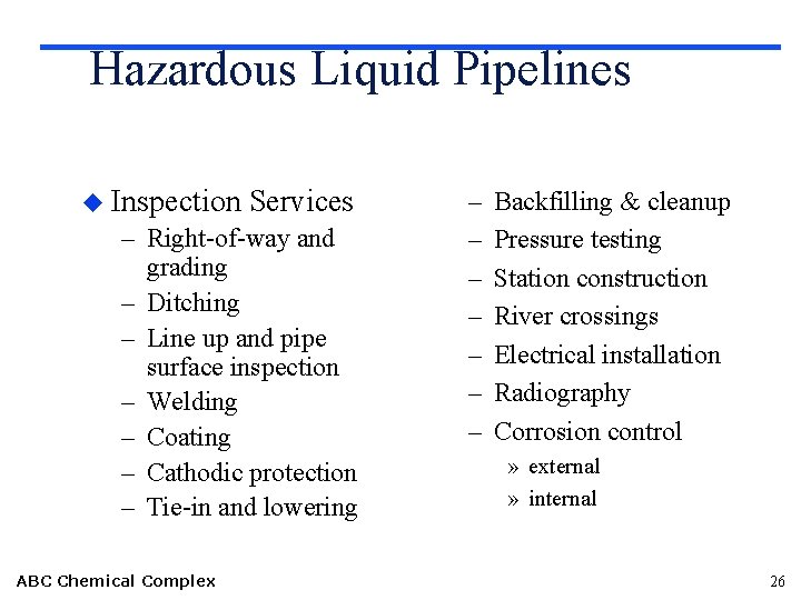 Hazardous Liquid Pipelines u Inspection Services – Right-of-way and grading – Ditching – Line