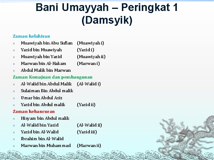 Bani Umayyah – Peringkat 1 (Damsyik) Zaman kelahiran Muawiyah bin Abu Sufian (Muawiyah i)