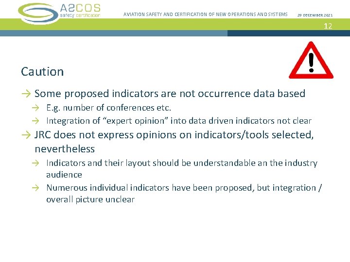 AVIATION SAFETY AND CERTIFICATION OF NEW OPERATIONS AND SYSTEMS 29 DECEMBER 2021 12 Caution