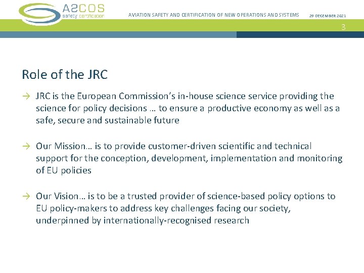 AVIATION SAFETY AND CERTIFICATION OF NEW OPERATIONS AND SYSTEMS 29 DECEMBER 2021 3 Role