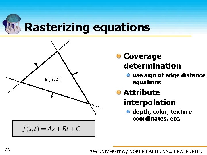 Rasterizing equations Coverage determination use sign of edge distance equations Attribute interpolation depth, color,