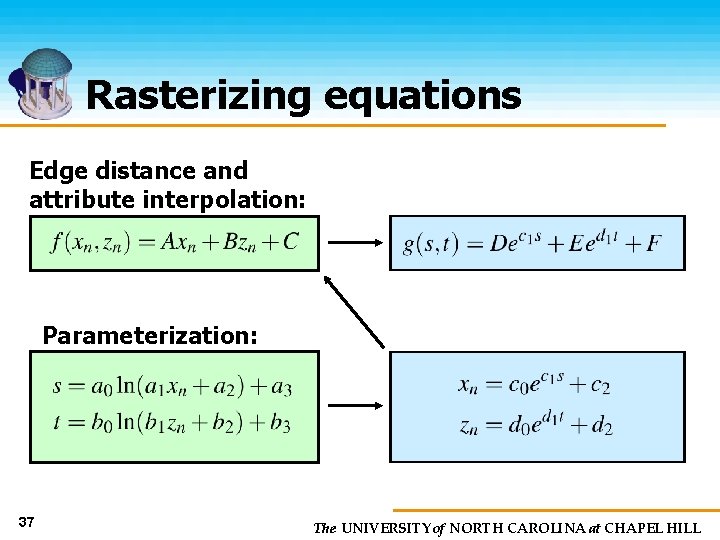 Rasterizing equations Edge distance and attribute interpolation: Parameterization: 37 The UNIVERSITY of NORTH CAROLINA