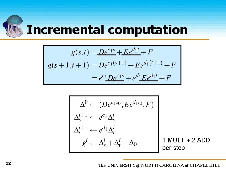 Incremental computation 1 MULT + 2 ADD per step 38 The UNIVERSITY of NORTH