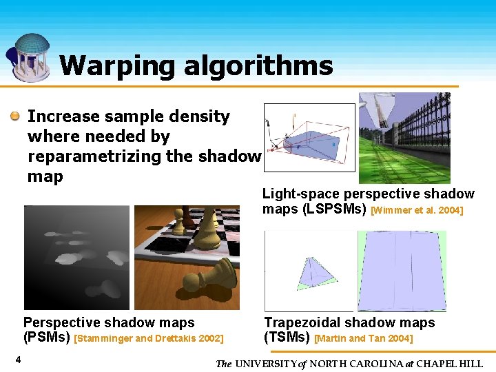 Warping algorithms Increase sample density where needed by reparametrizing the shadow map Light-space perspective