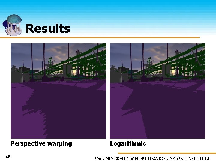 Results Perspective warping 45 Logarithmic The UNIVERSITY of NORTH CAROLINA at CHAPEL HILL 