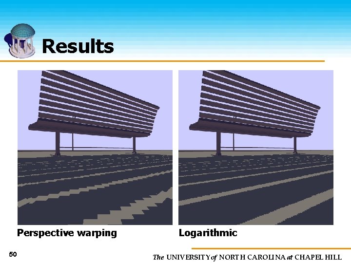 Results Perspective warping 50 Logarithmic The UNIVERSITY of NORTH CAROLINA at CHAPEL HILL 