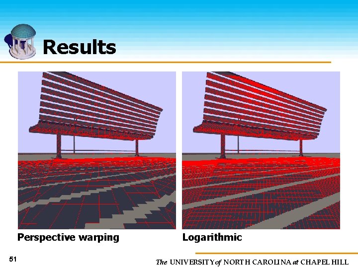 Results Perspective warping 51 Logarithmic The UNIVERSITY of NORTH CAROLINA at CHAPEL HILL 