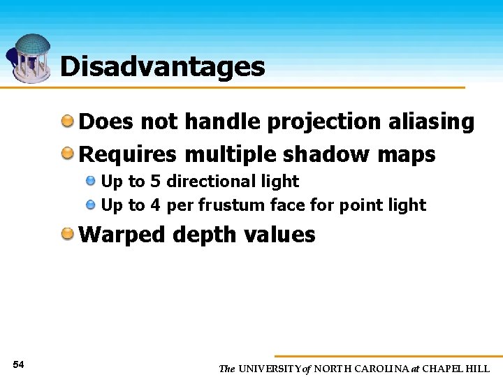 Disadvantages Does not handle projection aliasing Requires multiple shadow maps Up to 5 directional