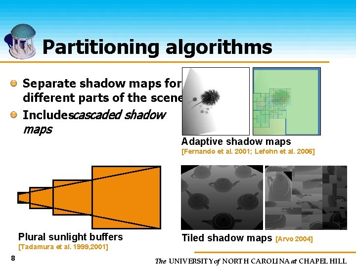 Partitioning algorithms Separate shadow maps for different parts of the scene Includescascaded shadow maps