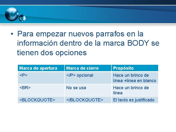  • Para empezar nuevos parrafos en la información dentro de la marca BODY