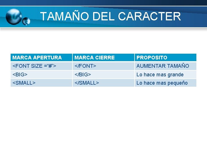 TAMAÑO DEL CARACTER MARCA APERTURA MARCA CIERRE PROPOSITO <FONT SIZE =“#”> </FONT> AUMENTAR TAMAÑO