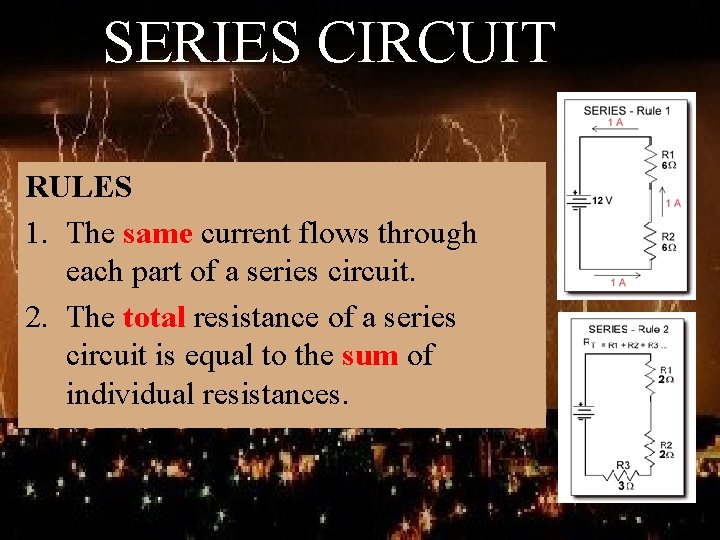 SERIES CIRCUIT RULES 1. The same current flows through each part of a series