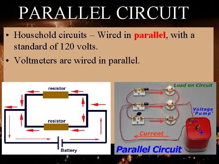 PARALLEL CIRCUIT • Household circuits – Wired in parallel, with a standard of 120