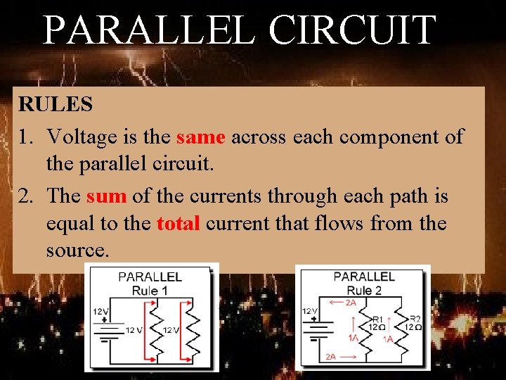 PARALLEL CIRCUIT RULES 1. Voltage is the same across each component of the parallel
