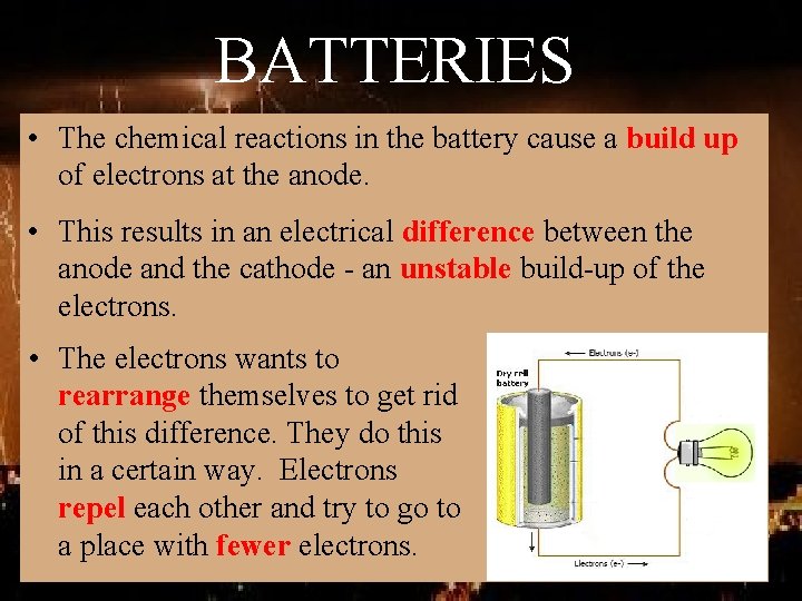BATTERIES • The chemical reactions in the battery cause a build up of electrons