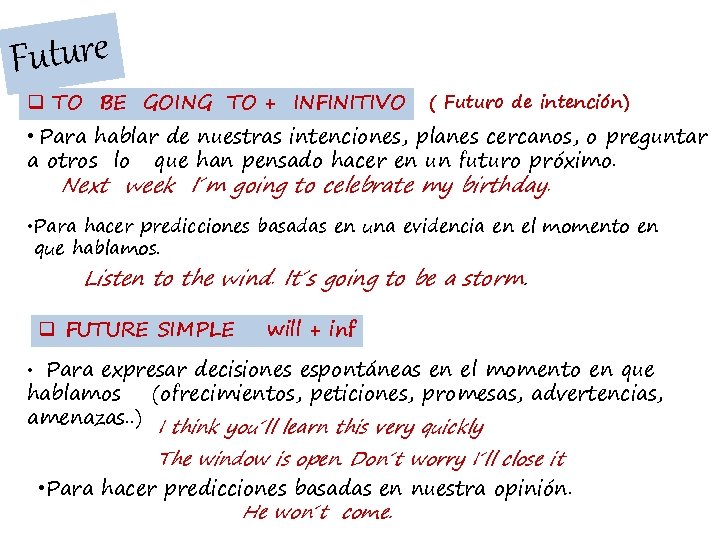 Future q TO BE GOING TO + INFINITIVO ( Futuro de intención) • Para