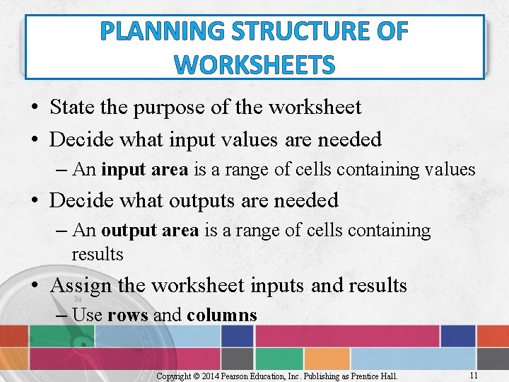 PLANNING STRUCTURE OF WORKSHEETS • State the purpose of the worksheet • Decide what