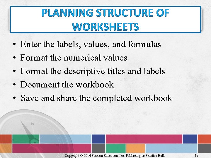 PLANNING STRUCTURE OF WORKSHEETS • • • Enter the labels, values, and formulas Format