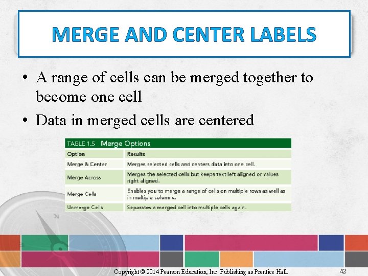 MERGE AND CENTER LABELS • A range of cells can be merged together to