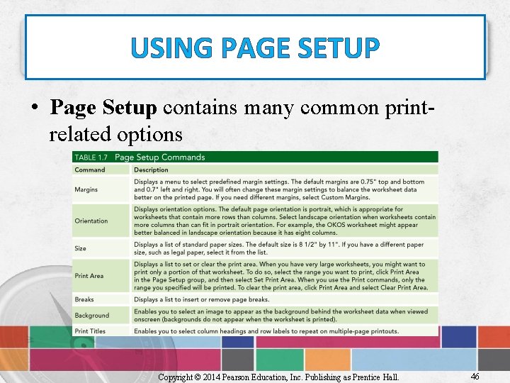 USING PAGE SETUP • Page Setup contains many common printrelated options Copyright © 2014