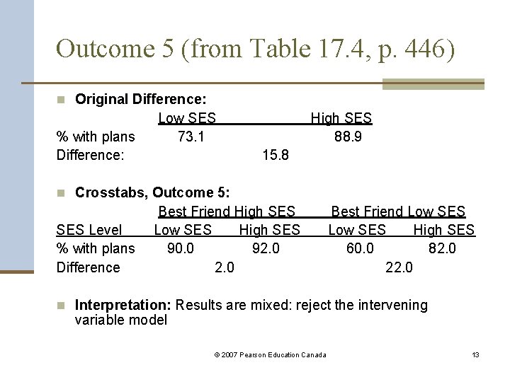 Outcome 5 (from Table 17. 4, p. 446) n Original Difference: % with plans