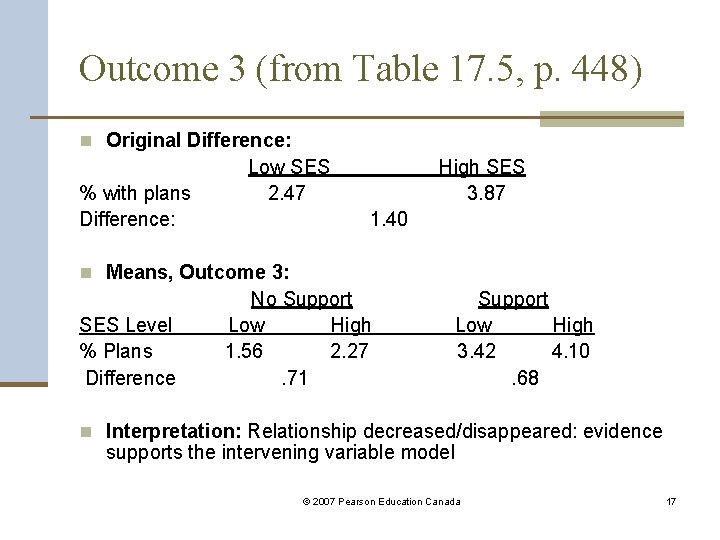 Outcome 3 (from Table 17. 5, p. 448) n Original Difference: % with plans