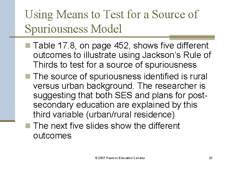 Using Means to Test for a Source of Spuriousness Model n Table 17. 8,