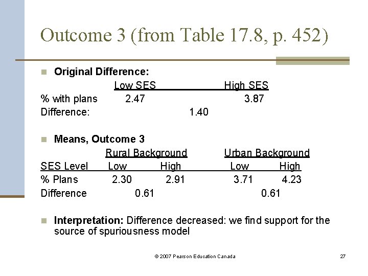 Outcome 3 (from Table 17. 8, p. 452) n Original Difference: % with plans
