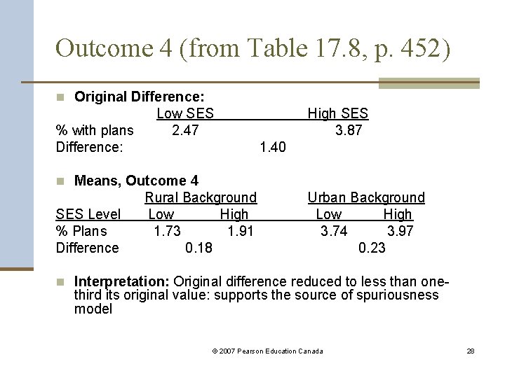 Outcome 4 (from Table 17. 8, p. 452) n Original Difference: % with plans