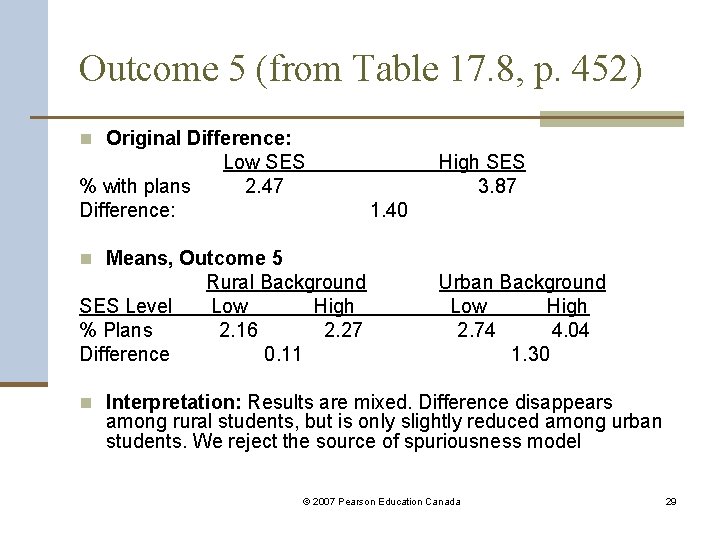 Outcome 5 (from Table 17. 8, p. 452) n Original Difference: % with plans