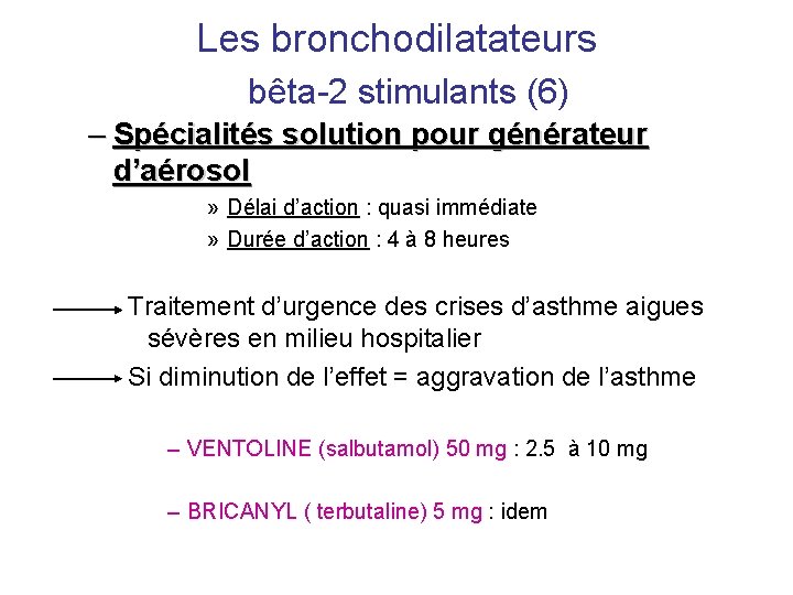 Les bronchodilatateurs bêta-2 stimulants (6) – Spécialités solution pour générateur d’aérosol » Délai d’action