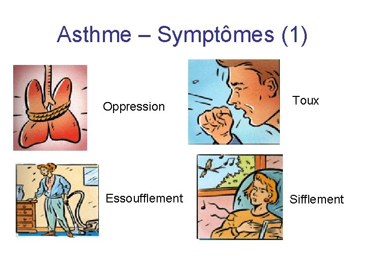 Asthme – Symptômes (1) Oppression Toux Essoufflement Sifflement 