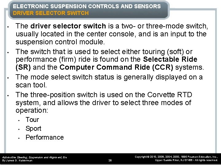 ELECTRONIC SUSPENSION CONTROLS AND SENSORS DRIVER SELECTOR SWITCH • • The driver selector switch