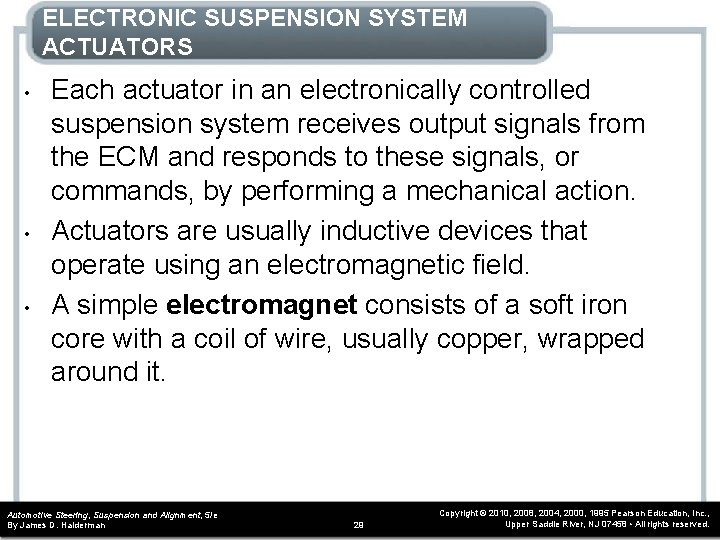 ELECTRONIC SUSPENSION SYSTEM ACTUATORS • • • Each actuator in an electronically controlled suspension