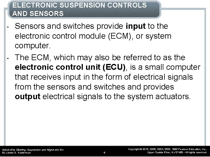 ELECTRONIC SUSPENSION CONTROLS AND SENSORS • • Sensors and switches provide input to the