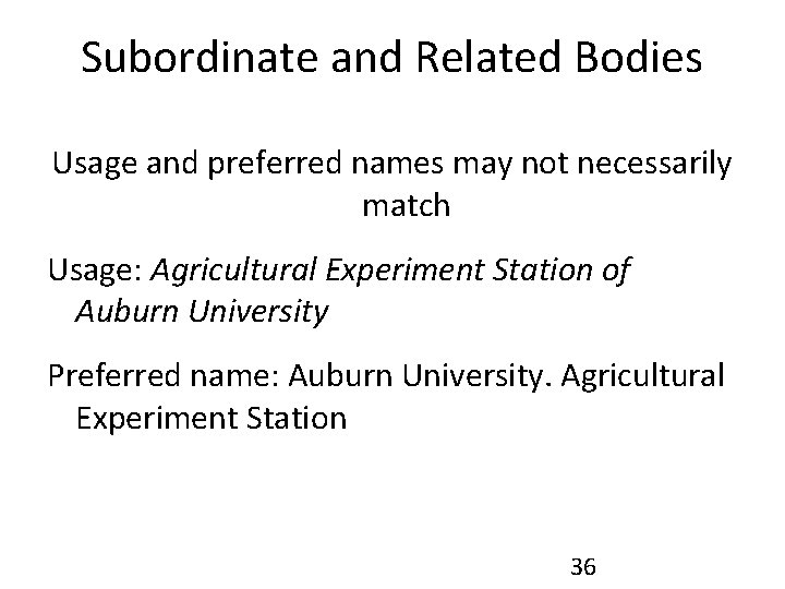 Subordinate and Related Bodies Usage and preferred names may not necessarily match Usage: Agricultural