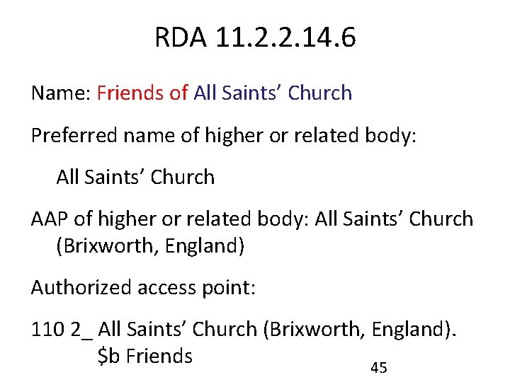 RDA 11. 2. 2. 14. 6 Name: Friends of All Saints’ Church Preferred name