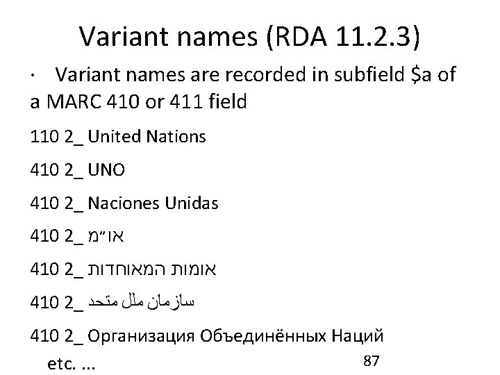 Variant names (RDA 11. 2. 3) · Variant names are recorded in subfield $a