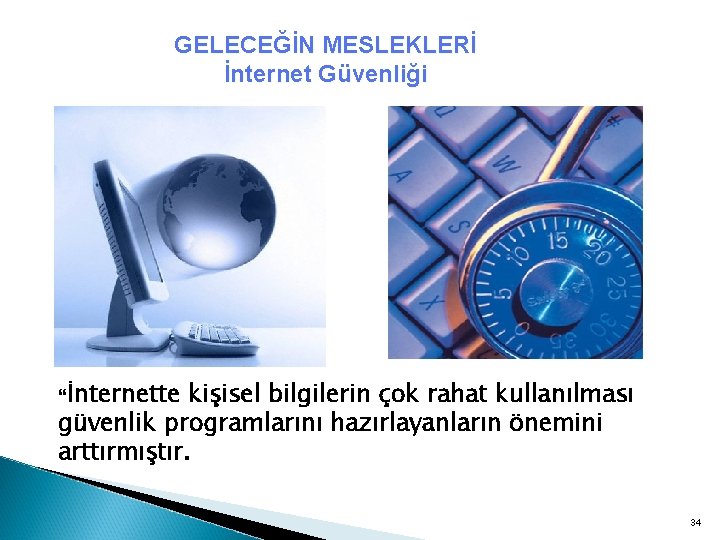 GELECEĞİN MESLEKLERİ İnternet Güvenliği İnternette kişisel bilgilerin çok rahat kullanılması güvenlik programlarını hazırlayanların önemini