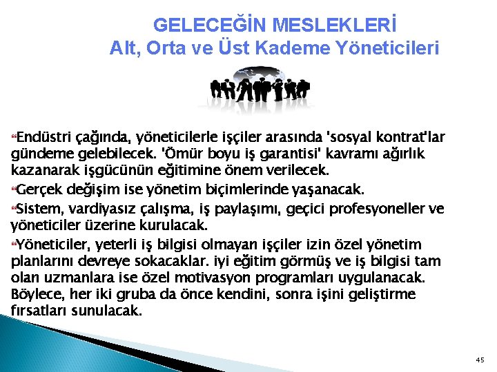 GELECEĞİN MESLEKLERİ Alt, Orta ve Üst Kademe Yöneticileri Endüstri çağında, yöneticilerle işçiler arasında 'sosyal