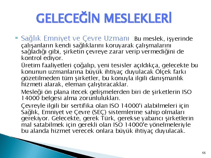 GELECEĞİN MESLEKLERİ Sağlık Emniyet ve Çevre Uzmanı : Bu meslek, işyerinde çalışanların kendi sağlıklarını