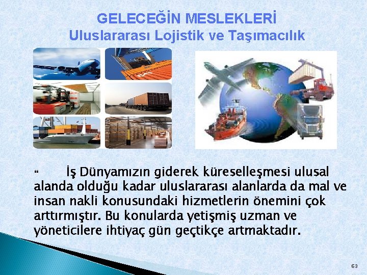 GELECEĞİN MESLEKLERİ Uluslararası Lojistik ve Taşımacılık İş Dünyamızın giderek küreselleşmesi ulusal alanda olduğu kadar