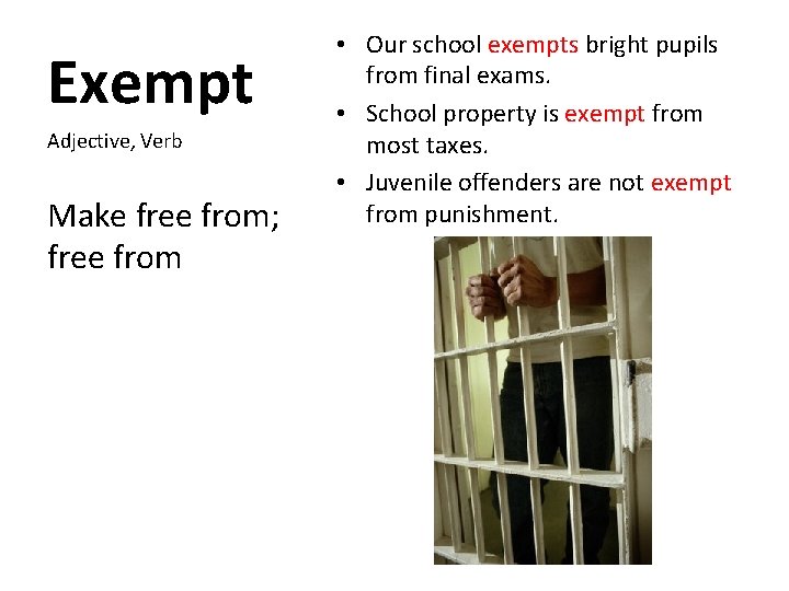 Exempt Adjective, Verb Make free from; free from • Our school exempts bright pupils