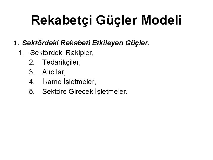 Rekabetçi Güçler Modeli 1. Sektördeki Rekabeti Etkileyen Güçler. 1. Sektördeki Rakipler, 2. Tedarikçiler, 3.