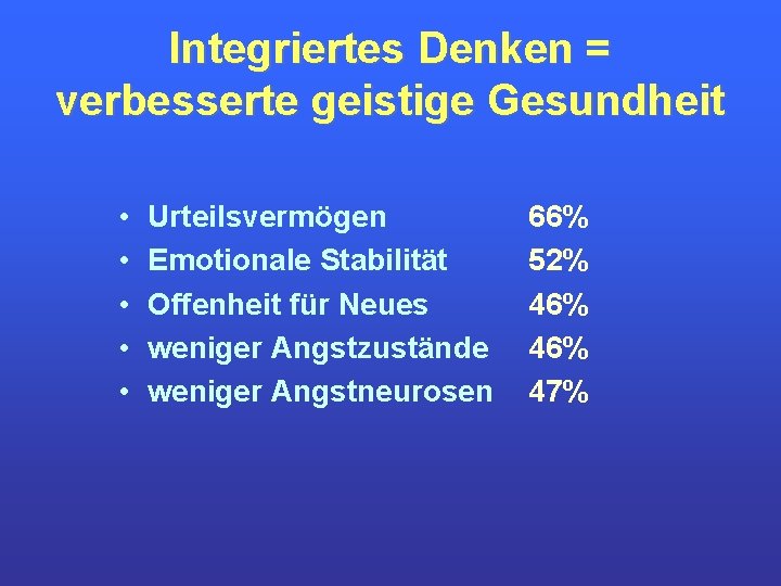 Integriertes Denken = verbesserte geistige Gesundheit • • • Urteilsvermögen Emotionale Stabilität Offenheit für